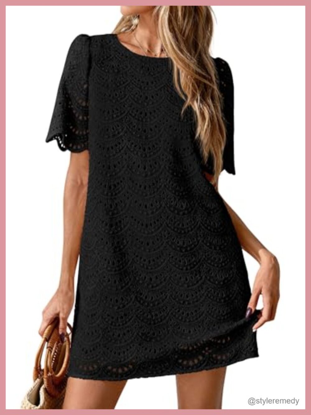 Women Summer Eyelet Lace Short Dress Cotton Boho Mini Shift Crewneck